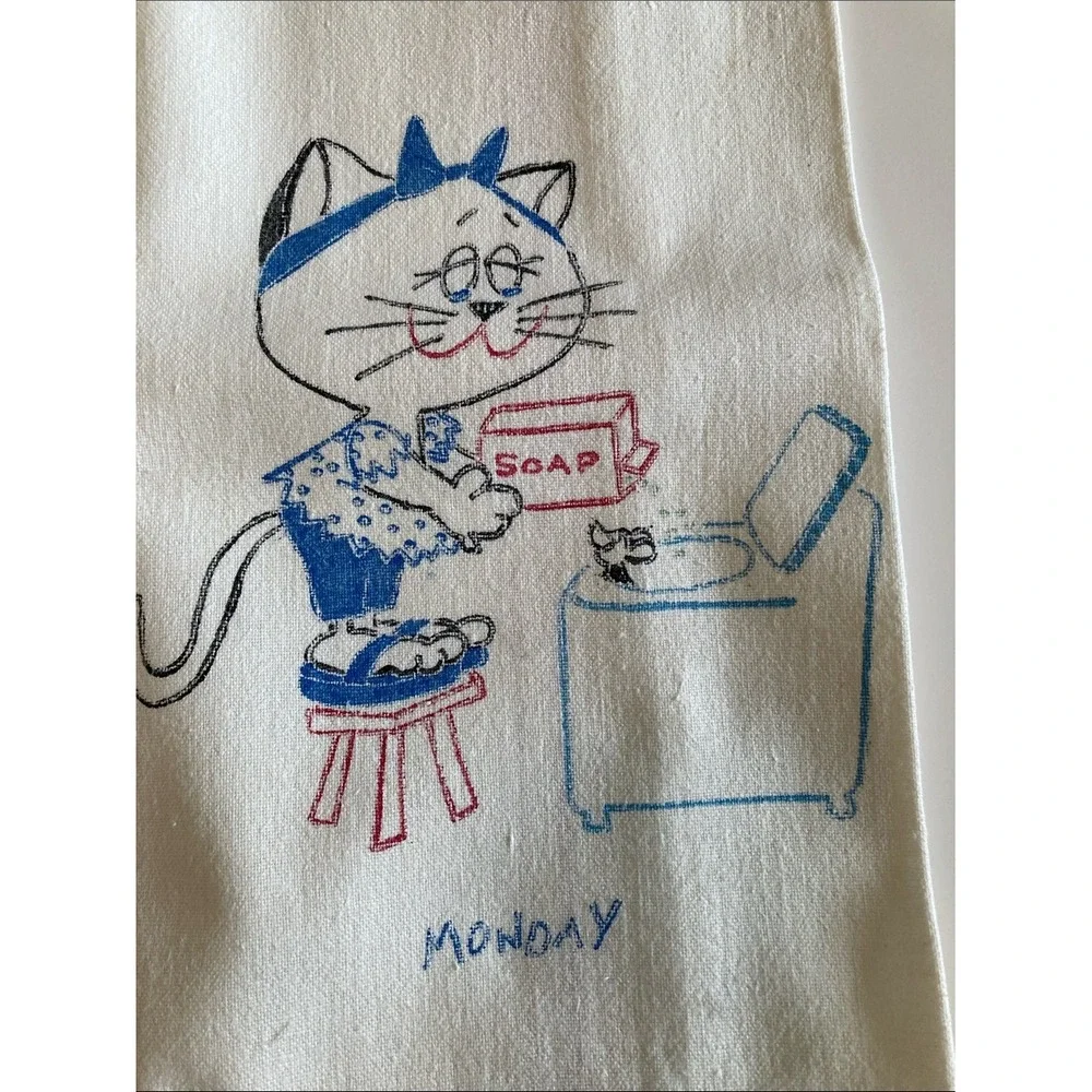 Vintage Kitty‎ Days of the Week Printed Tea Towels Set of 3 White Cotton 16x25